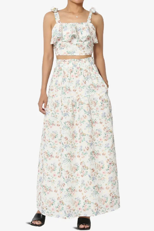 Twice Floral Ruffle Crop Top & A-Line Skirt Set in Taupe Solid Print Embellished