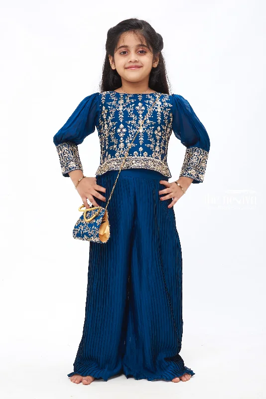 Mystic Blue Elegance: Girls Crop Top with Palazzo Pant Set Houndstooth Herringbone Solid Mystic Blue Elegance: Girls Crop Top with Palazzo Pant Set Houndstooth Herringbone Solid