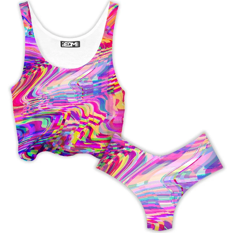 Glitch Waves Crop Top and Booty Shorts Combo Chenille Brocade Lace