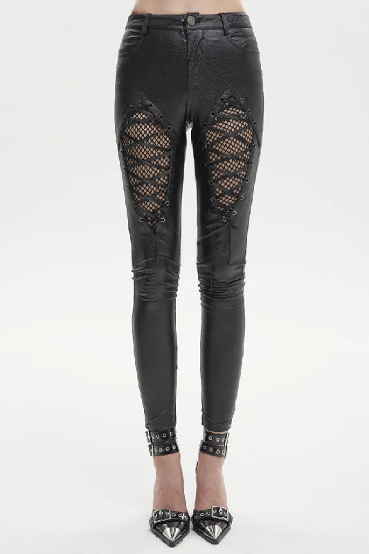 Black Stretch Diamond Wavy String Adjustable Slim Fit Women's Punk Trousers Trousers Formal Black