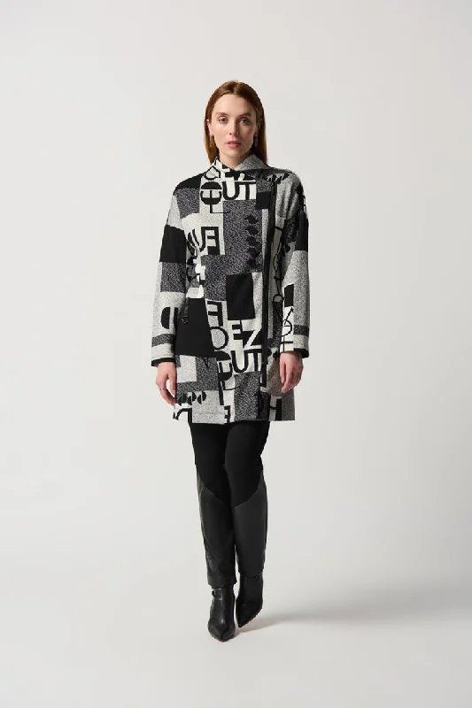 Joseph Ribkoff Wording Print Jacquard Knit Coat With Stand Collar Herringbone Houndstooth Plaid