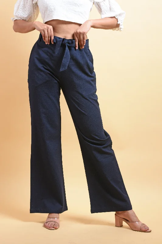 Blue Cotton Linen Wide Leg Trousers Trousers Satin Smooth