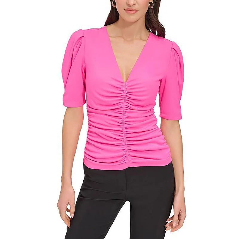 DKNY Womens Ruched  Pullover Top Keyhole Neck Pullover
