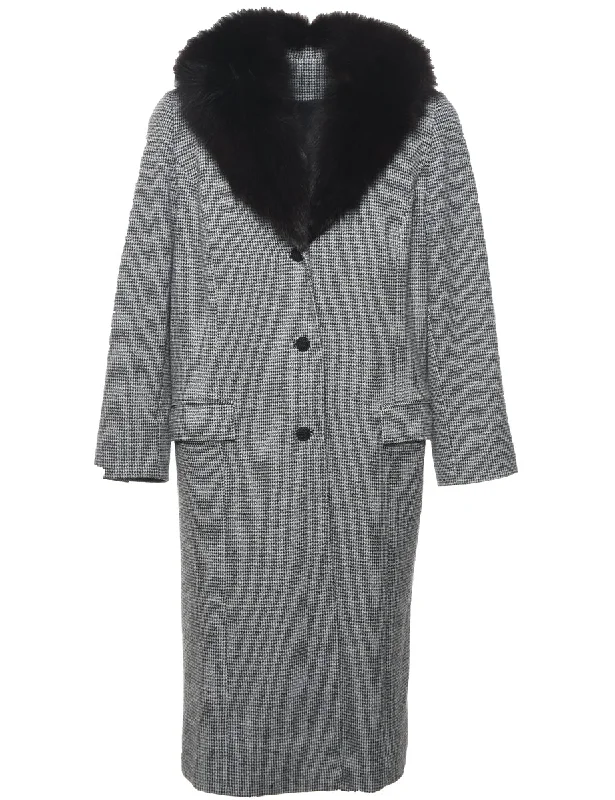Dogtooth Faux Fur Trim Black, Grey & White Wool Coat - L Bolero Crop Top Camisole
