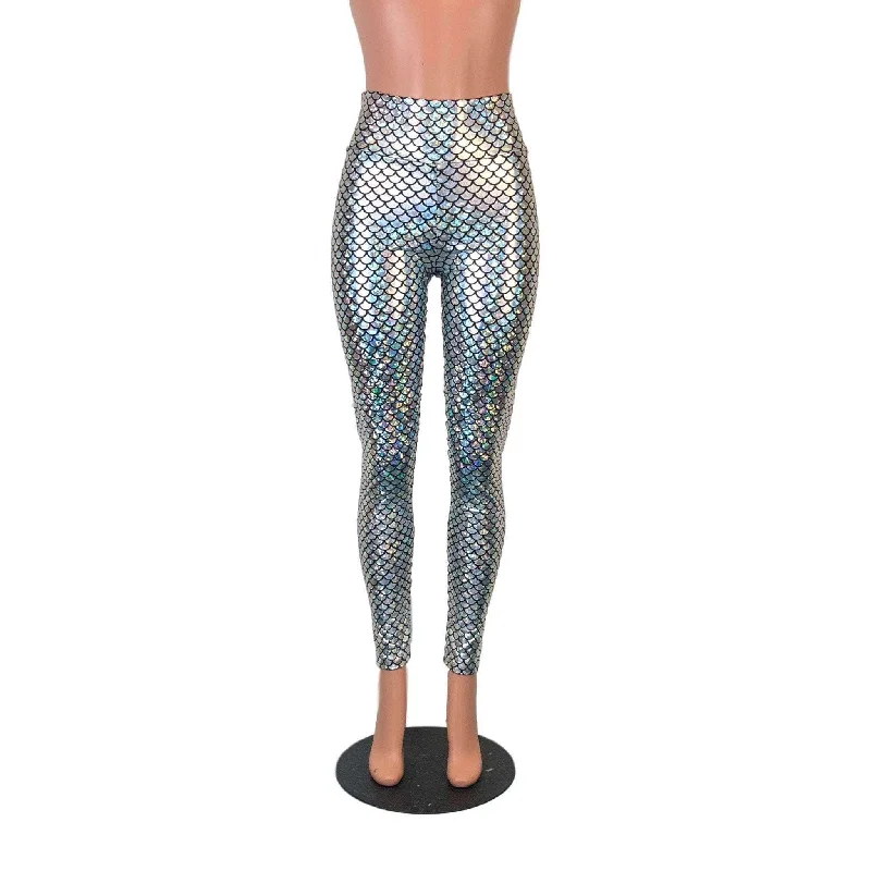 Silver Mermaid Scale Holographic High Waisted Leggings Pants Cozy Lounge Pants Leggings Silver Mermaid Scale Holographic High Waisted Leggings Pants Cozy Lounge Pants Leggings