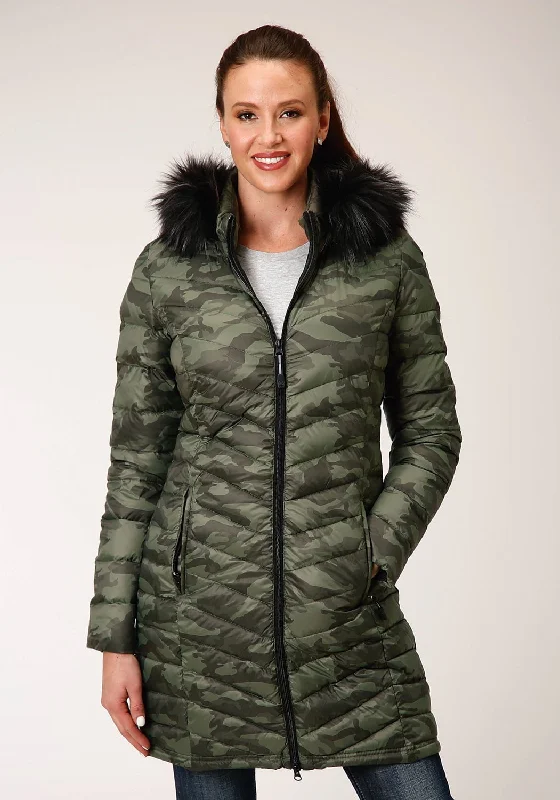 Roper Womens Camo Nylon Down Filled Fur Coat Suede Jacket Faux Fur Jacket Puffer Jacket