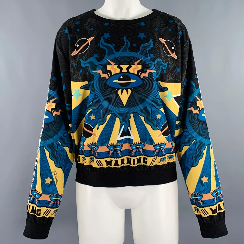 JUST CAVALLI Size 8 Blue Black Yellow Polyester Blend Pullover Bishop Sleeve Elegant JUST CAVALLI Size 8 Blue Black Yellow Polyester Blend Pullover Bishop Sleeve Elegant