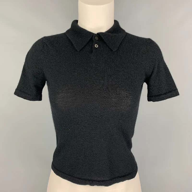 RALPH LAUREN COLLECTION Size S Black Cashmere & Silk Solid Short Sleeve Pullover Polo Sabrina Neck Pullover RALPH LAUREN COLLECTION Size S Black Cashmere & Silk Solid Short Sleeve Pullover Polo Sabrina Neck Pullover