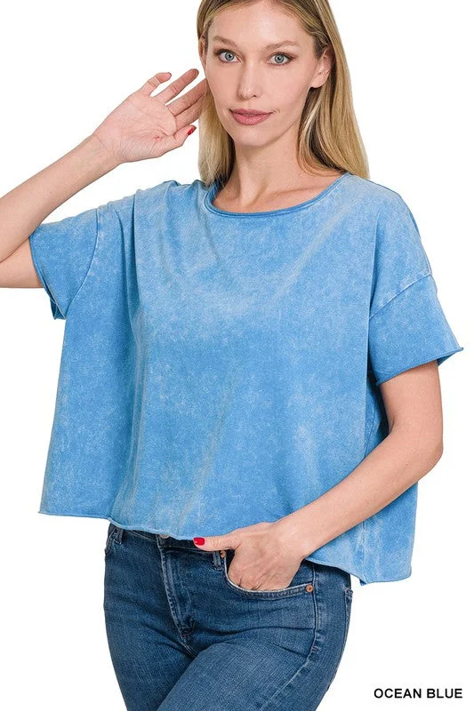 Acid Wash Raw Edge Short Sleeve Crop Top Mesh Fabric Canvas Fabric Denim Fabric