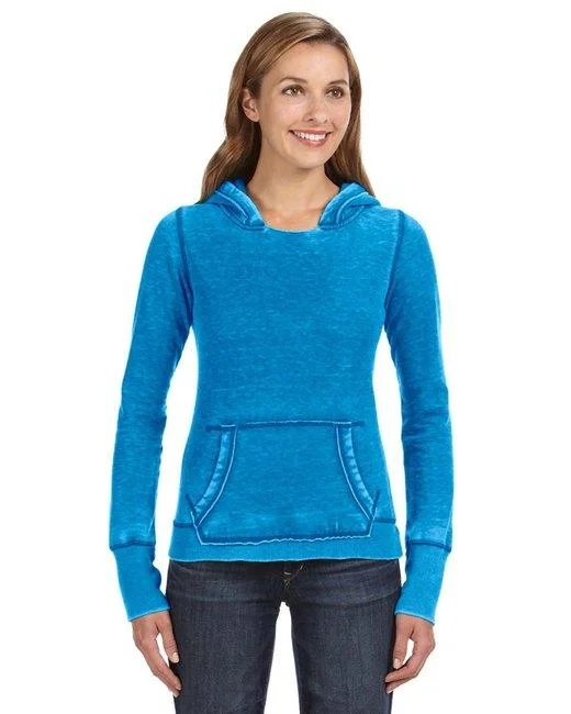 J America Ladies' Zen Pullover Fleece Hooded Sweatshirt JA8912 Ribbed Crew Neck