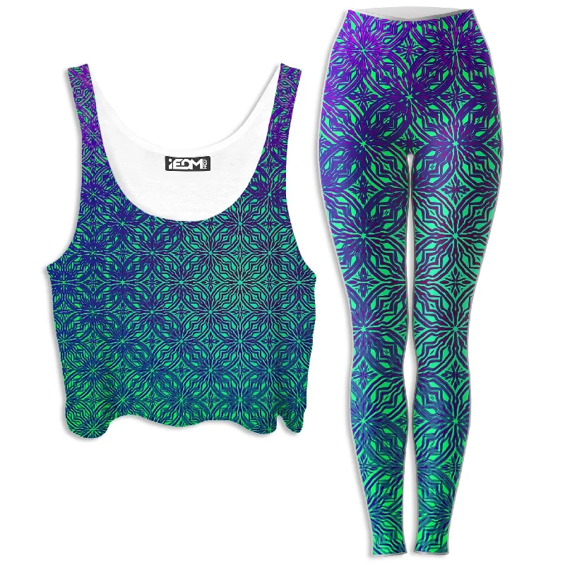 Psy Mosik Sea Crop Top and Leggings Combo Beaded Sequined Faux Fur