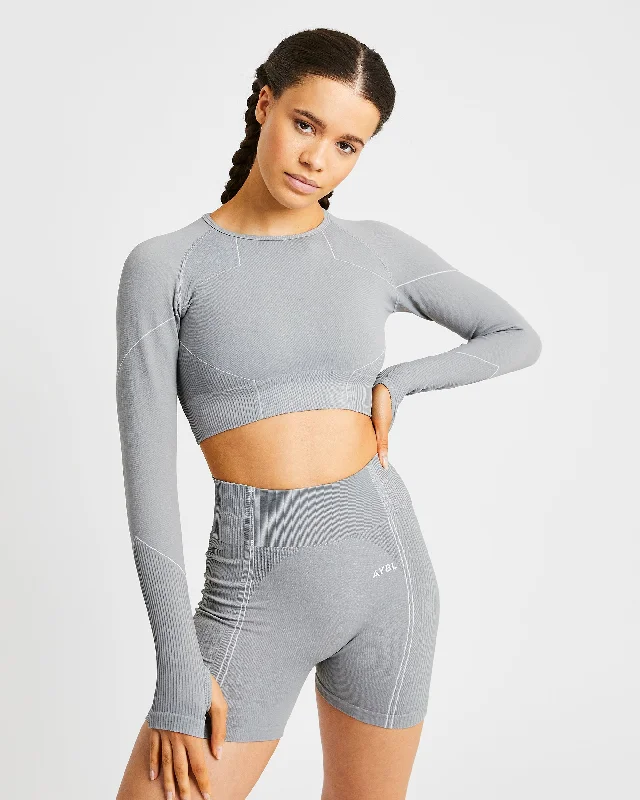Reflex Seamless Long Sleeve Crop Top - Grey Chenille Brocade Lace