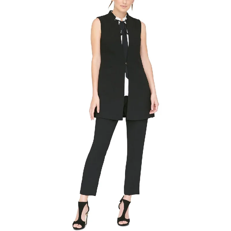 DKNY Womens Lapel Vest Vest Ribbed Trim Pullover Top Polo Neck Sweater