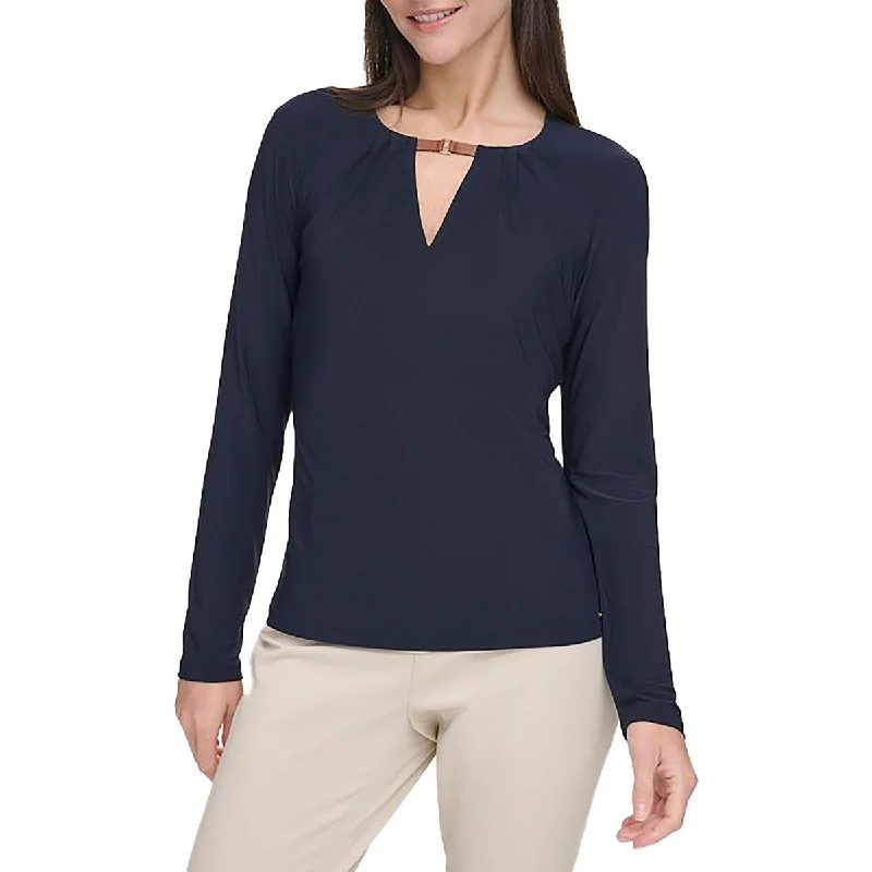 Tommy Hilfiger Womens Pleated  Pullover Top Scalloped Neck Pullover