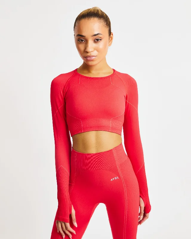 Reflex Seamless Long Sleeve Crop Top - Red Striped Floral Plaid