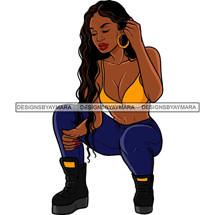 Sexy Afro Beauty Rapper Squatting Gangsta Rap Yellow Bikini Top Blue Leggings Style SVG JPG PNG Vector Clipart Cricut Silhouette Cut Cutting Trendy Foil Finish Leggings