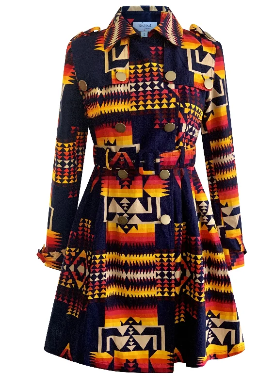 BLUE TRIBAL PRINT TRENCH COAT DRESS Turtleneck Jacket Crew Neck Jacket V-Neck Jacket BLUE TRIBAL PRINT TRENCH COAT DRESS Turtleneck Jacket Crew Neck Jacket V-Neck Jacket