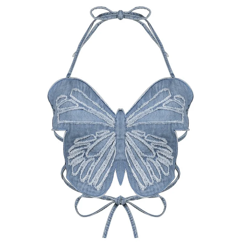 Butterfly Jeans Crop Top Backless Strap Sexy Blue Cute Party Sweats Women Beach Holiday Mini Vest Summer Tee Fashion Print Jacquard Patchwork Butterfly Jeans Crop Top Backless Strap Sexy Blue Cute Party Sweats Women Beach Holiday Mini Vest Summer Tee Fashion Print Jacquard Patchwork