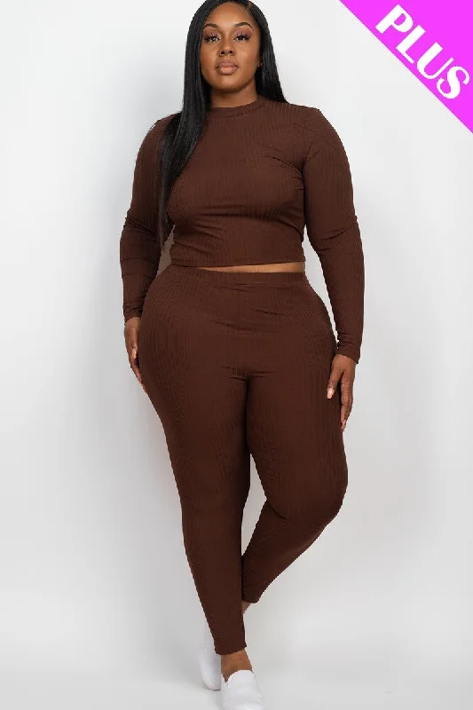 Plus Ribbed Mock Neck Long Sleeve Top & Leggings Set Cozy Mid-Rise Workout Leggings