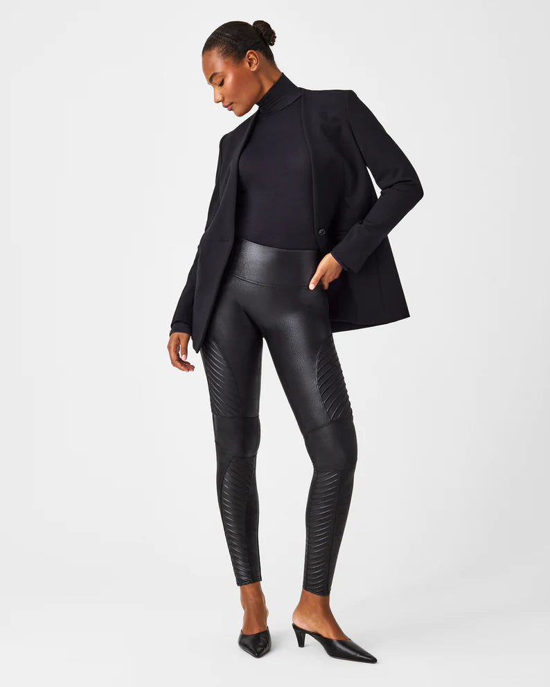Faux Leather Moto Leggings Very Black - SPANX Comfortable Slim Fit Leggings
