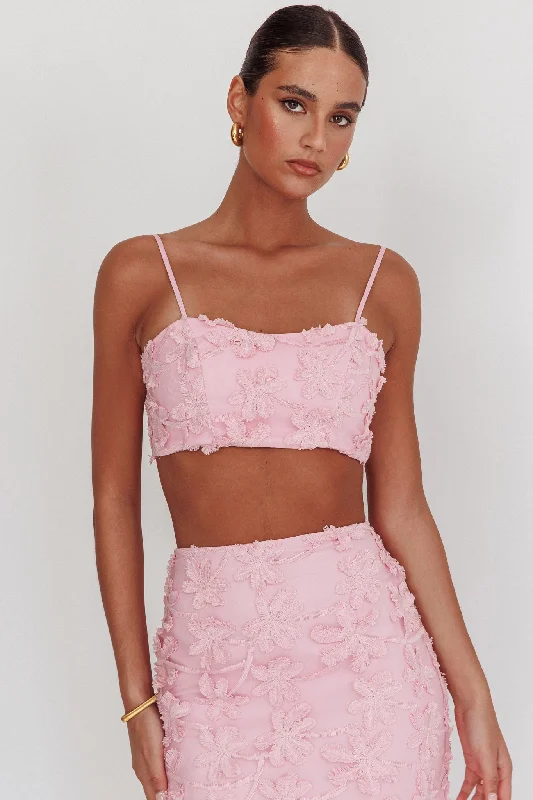 Casi Tied Back Crop Top Embroidered Baby Pink Graphic Embroidered Appliqued