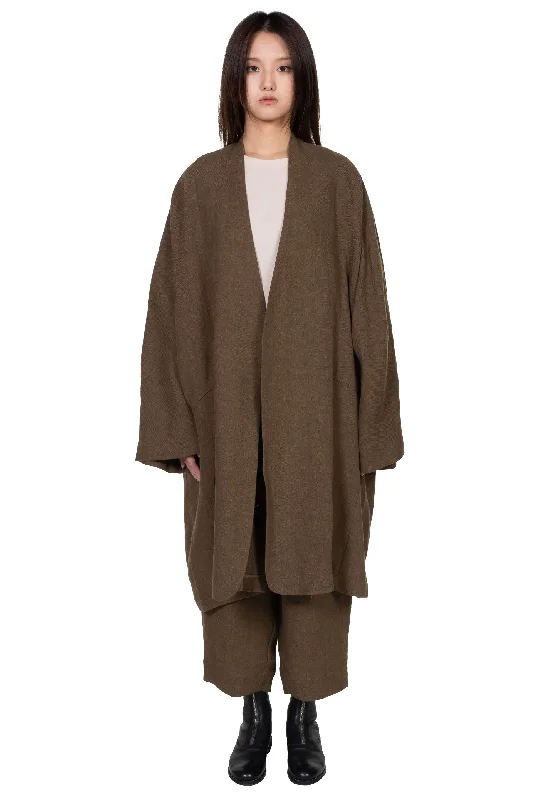 Collarless Linen Long Coat Olive Bomber Denim Leather