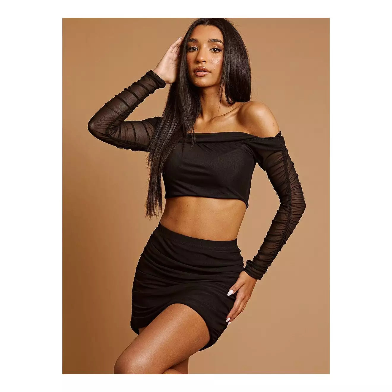 Ruched Mesh Bardot Black Crop Top & Skirt Co-ord 0601 Real Fur Shearling Chenille