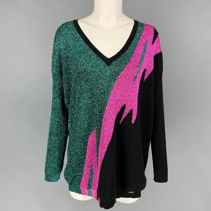 DSQUARED2 Size XS Black Green Pink Wool Blend Metallic Pullover Wrist Length Sleeve