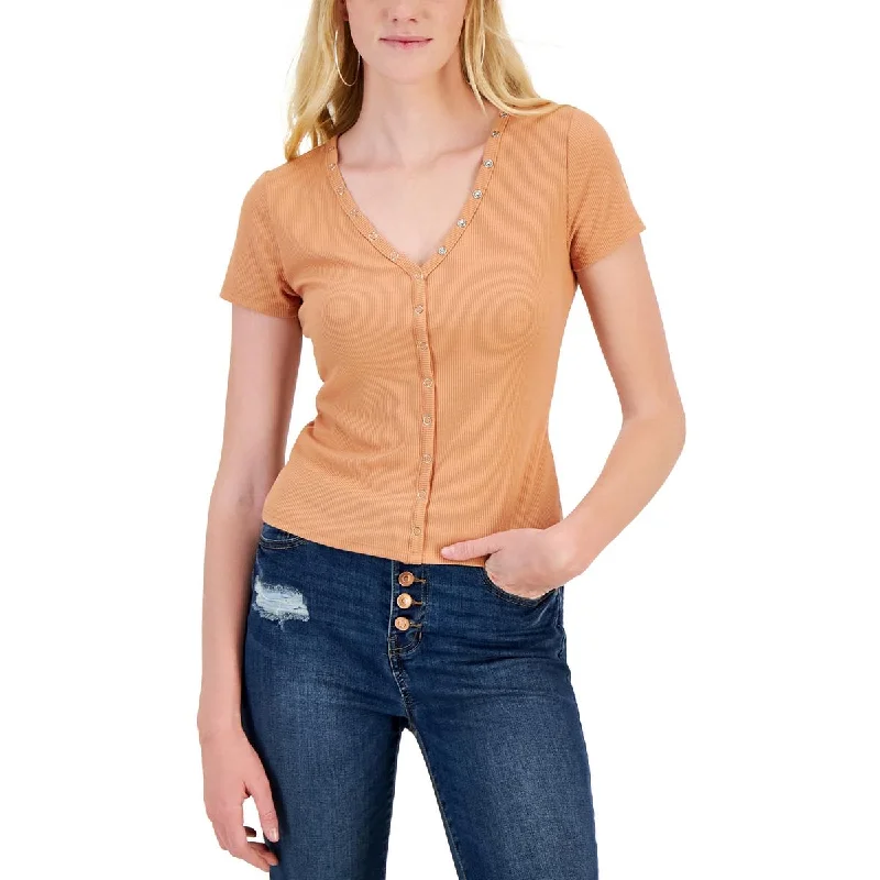 Hippie Rose Womens   Snap Button Short Sleeves Pullover Top Thin Wool Pullover
