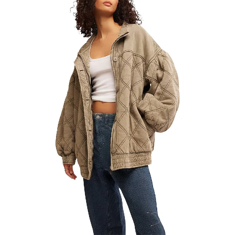 Free People Womens Faded Cotton Quilted Coat Stand-Up Roll-Neck Turtle
