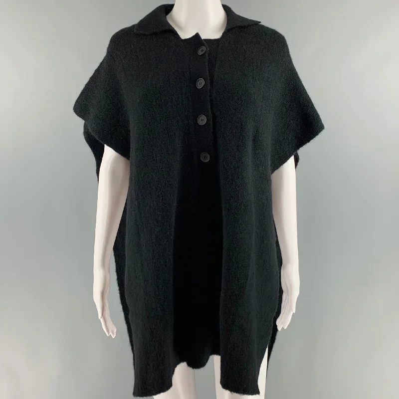 RUS Size S Black Merino Wool Button Down Poncho Pullover V-Neck Stylish Pullover