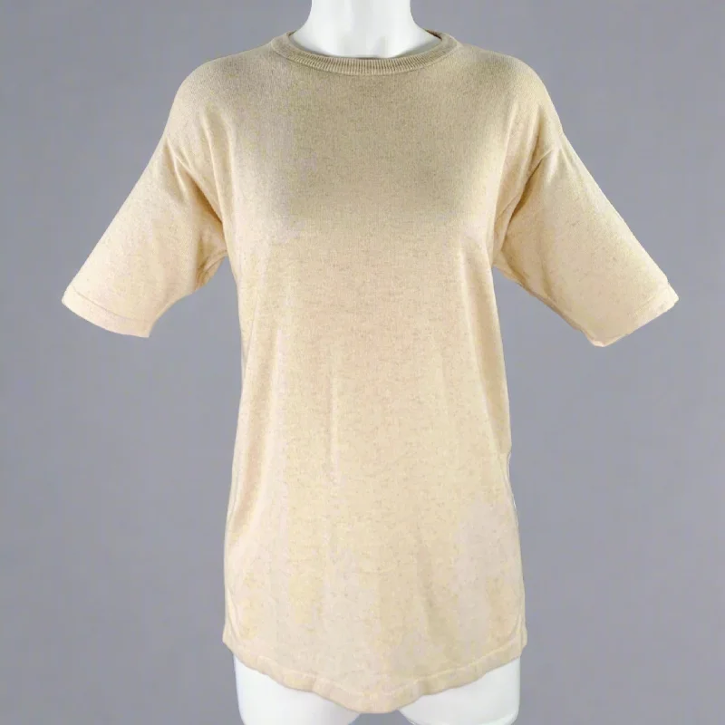 TSE Size M Beige Oatmeal Cashmere Silk Short Sleeve Pullover Asymmetrical Hem Sweater TSE Size M Beige Oatmeal Cashmere Silk Short Sleeve Pullover Asymmetrical Hem Sweater