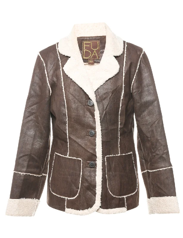 Single Breasted Shearling Lining Coat - M Print Jacquard Embroidered
