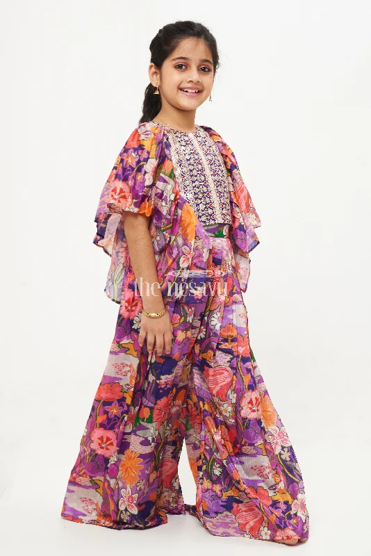 Girls' Purple Printed Chinon Silk Sharara Set with Embroidered Crop Top and Ruffle Sleeves Hooded Caped Shawl Collar Girls' Purple Printed Chinon Silk Sharara Set with Embroidered Crop Top and Ruffle Sleeves Hooded Caped Shawl Collar