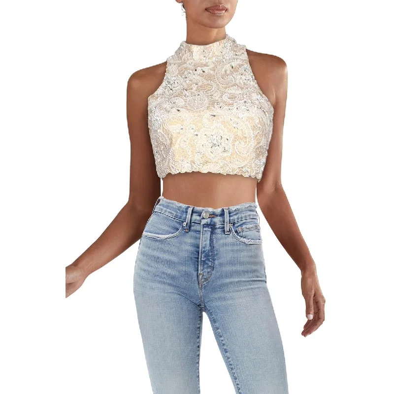 Terani Couture Lace Embellished Crop Top Hooded Caped Shawl Collar