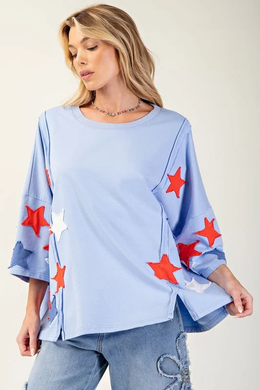 Soft Washed Star Patches Terry Knit Pullover Keyhole Neck Pullover