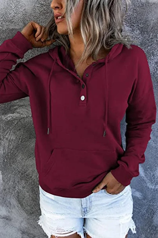 WOMEN BUTTON NECK KANGAROO POCKET PULLOVER HOODIE Over Sleeve Pullover