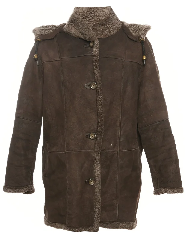 Hooded Dark Brown Suede Sherling Coat - M Blouse Shirt Tunic