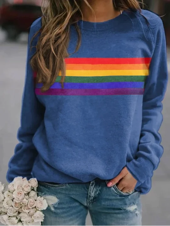 Fashion Women'S Multicolor Stripe Printed Round Neck Pullover Long Sleeve Sweatshirt Keyhole Neck Pullover