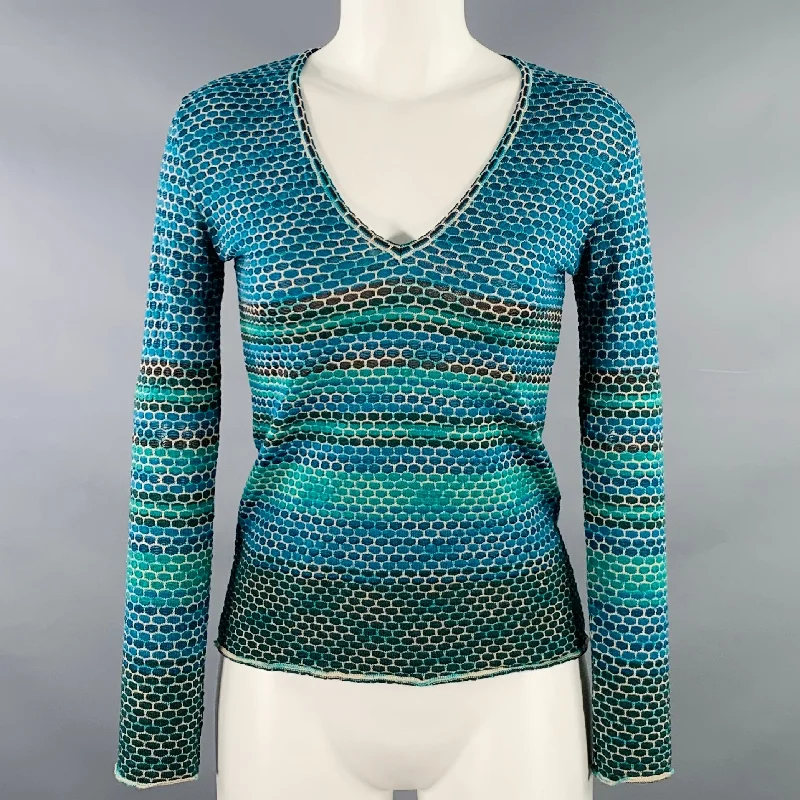 M MISSONI Size 4 Blue Green Merino Wool Blend V-Neck Pullover Deep Neck Pullover