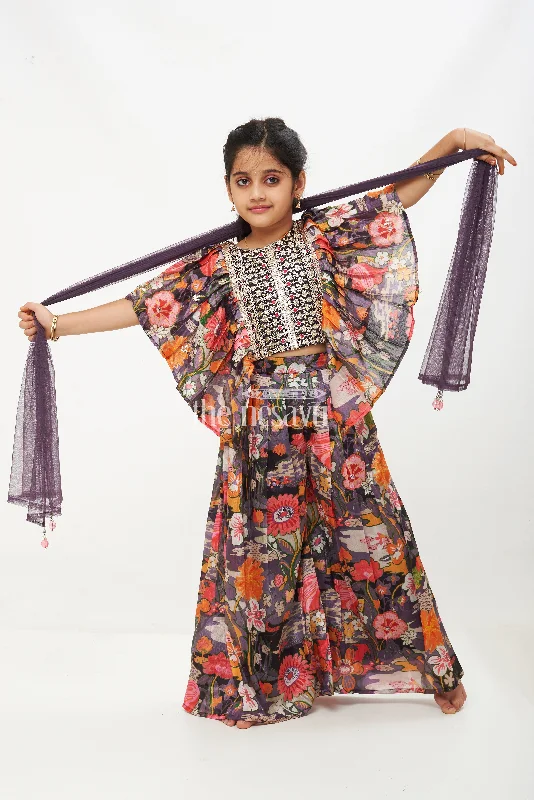 Girls' Grey Printed Chinon Silk Sharara Set with Embroidered Crop Top and Ruffle Sleeves Notch Collar Peter Pan Collar Cowl Neck Girls' Grey Printed Chinon Silk Sharara Set with Embroidered Crop Top and Ruffle Sleeves Notch Collar Peter Pan Collar Cowl Neck