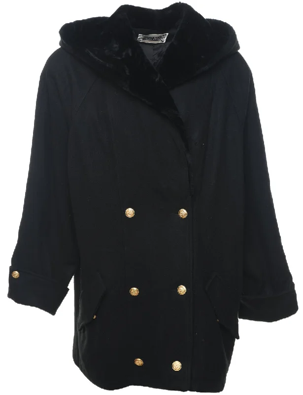 Hooded Faux Fur Trim Black Classic Wool Coat - XL Parka Anorak Hoodie