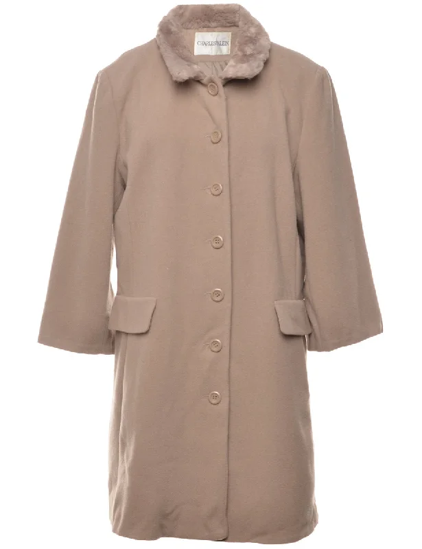 Single-Breasted Beige Wool Coat - L Nylon Polyester Spandex