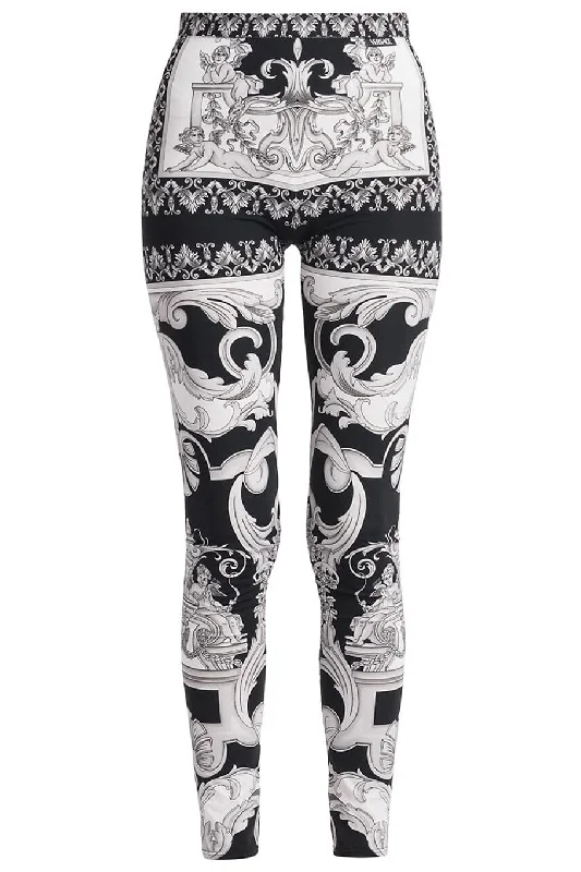 Printed Leggings - Black White Stylish Compression Fit Leggings