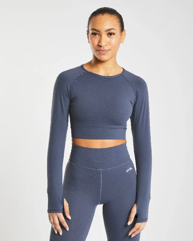 Core Long Sleeve Crop Top - Navy Blue Collared Crop Top Boat Neck A-Line