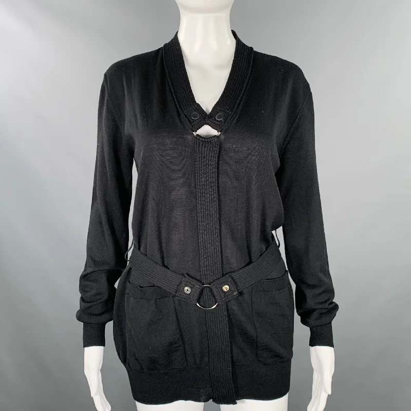 JEAN PAUL GAULTIER Size M Black Knit V-Neck Belted Pullover Gathered Sleeve Pullover