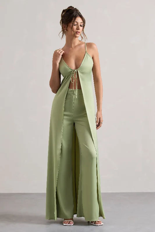 Your Way | Pale Green Satin Wide-Leg Trousers Trousers Corduroy Warm