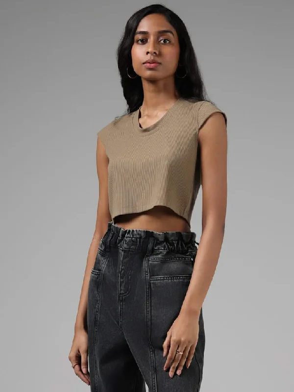 Nuon Self-Striped Dark Beige Crop Top Wool Fabric Cashmere Fabric Tweed Fabric