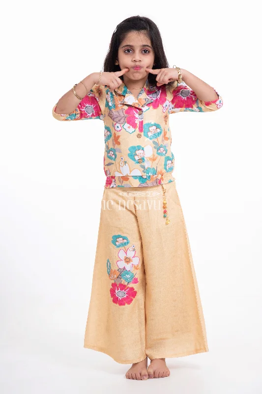 Yellow Co-Ord Set for Girls - Linen Cotton Printed Crop Top & Palazzo Pant Fleece Fabric Down Fabric Feather Fabric
