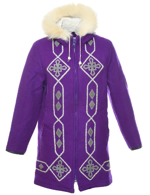 Hooded Purple Wool Coat - L Turtleneck Wrap Cape